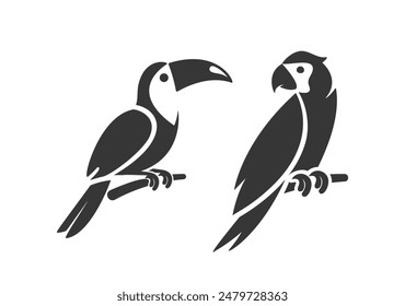 Minimalist Black And White Bird Icons Showcasing A Toucan And Parrot Perched On Branches, Vector Illustrations