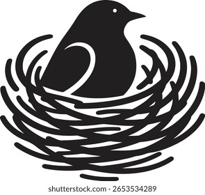 Minimalist Black and White Bird in Nest Logo Design  Silhouette Style Vector Art,Minimalist Black and White Bird in Nest Logo