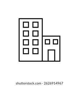 Minimalist black and white building icon with simple geometric shapes, representing urban architecture or real estate concepts. Perfect for web, app, or infographics.