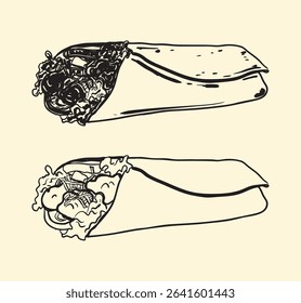 Minimalist black and white burrito line art featuring detailed fillings in a clean hand-drawn style. Ideal for logos, packaging, coloring pages, menu icons, and food design projects.
