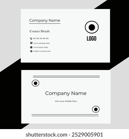 Minimalist black and white business card design with placeholders for company name, logo, contact, details.