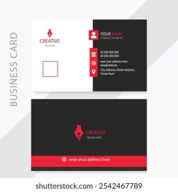 Minimalist black and white business card template for graphic designers, featuring red accents, contact icons, and space for logo and details.