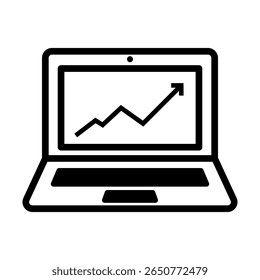 Minimalist black and white business icon showing a rising graph on a laptop screen, representing financial growth, startup success, and smart data analytics