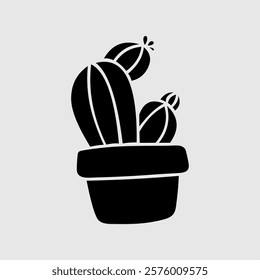 Minimalist black and white cactus silhouette in a pot. A simple yet elegant vector illustration perfect for logos, stickers, home decor, branding, and botanical-themed designs