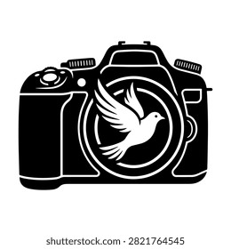 Minimalist black and white camera logo featuring a flying bird inside the lens.