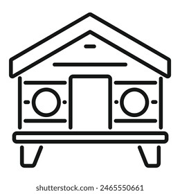 Minimalist black and white cartoon cabin icon line art illustration in vector clipart, isolated symbol of cozy rural dwelling for vacation home and nature accommodation in simplistic style