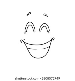Minimalist black and white cartoon face illustration featuring a wide open smile and closed eyes, conveying joy and laughter on a clean white background
