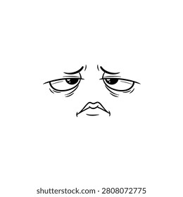 Minimalist black and white cartoon face showing sadness with droopy eyelids, wrinkled eyes, and a downturned mouth on a plain white background