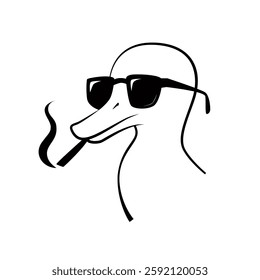 Minimalist black and white cartoon illustration of a cool duck wearing sunglasses and smoking a cigarette. Funny and stylish animal character with a confident attitude, ideal for logos, prints, and