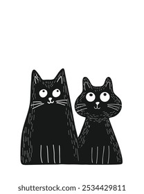 Minimalist black and white cats with simple lines, doodle style, hand-drawn, on a white background