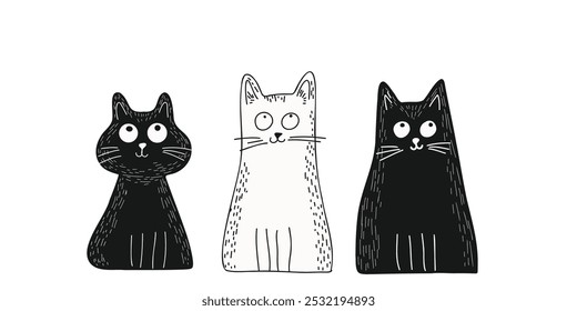 Minimalist black and white cats in vector illustration, doodle style, hand-drawn, on a white background