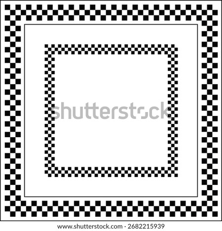 Minimalist black and white checkered square frame design. Geometric abstract border pattern with optical illusion style. Modern seamless background for art, decor, and graphic projects.