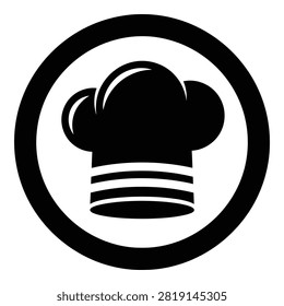 A minimalist black and white chef hat icon inside a circular frame. Perfect for restaurant menus, cooking websites, culinary apps, food blogs, and kitchen branding.