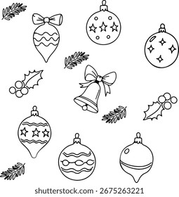 Minimalista Elementos de Vector de Navidad en blanco y negro con campana, adornos, ramas de pino y rama de acebo para un patrón sin fisuras