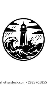 A minimalist black and white circular emblem featuring a lighthouse standing on a rocky shore amidst crashing ocean waves under a cloudy sky.