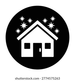 A minimalist black and white circular icon depicting a house covered in snowflakes. Ideal for weather reports, winter seasonal forecasts, cold climate apps, or maps.