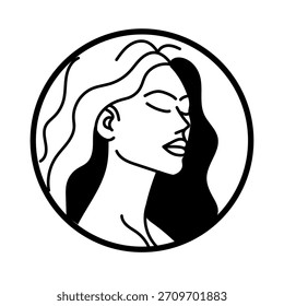 Logotipo circular minimalista en blanco y negro que muestra el perfil de una mujer con los ojos cerrados.