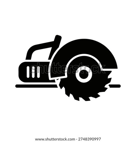 Minimalist black and white circular saw blade icon with ergonomic handle, perfect for construction, woodworking, and DIY tool design projects.