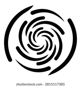 A minimalist black and white circular vortex symbol featuring curved radiating lines. This abstract design represents motion, energy, rotation, and radial symmetry.