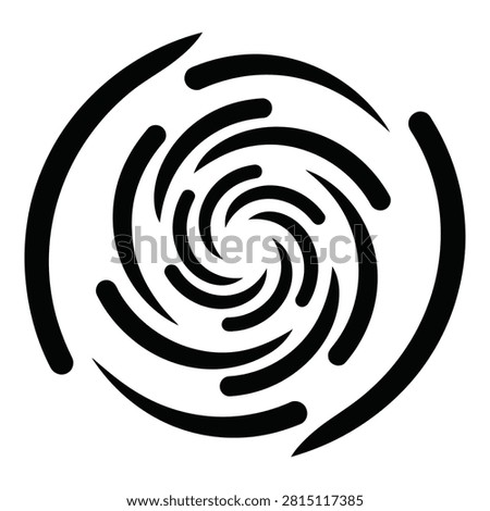 A minimalist black and white circular vortex symbol featuring curved radiating lines. This abstract design represents motion, energy, rotation, and radial symmetry.