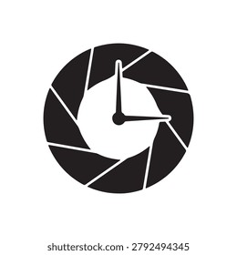 Minimalist black and white clock with camera aperture design, abstract time concept