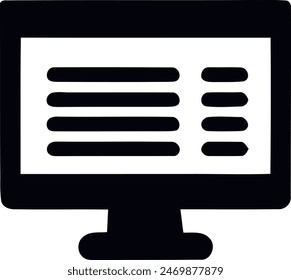 Minimalist Black and White Computer Monitor Icon - A Simple Design Showcasing a Grid or Data Layout on a Flat-Screen Display for Work or Personal Use.