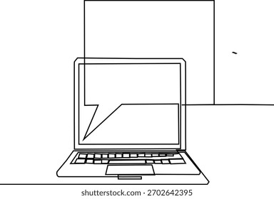 A minimalist black and white continuous line drawing of a laptop computer. A speech bubble is displayed on the screen, symbolizing communication.