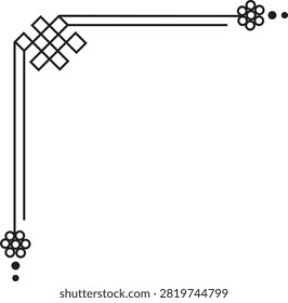Minimalist black and white corner border featuring a traditional Tibetan endless knot plus delicate floral accents for elegant stationery design.