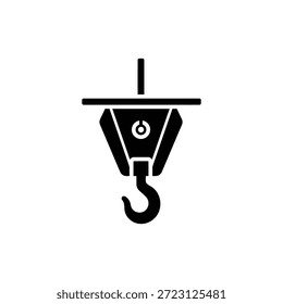 Icono minimalista del montaje del gancho de la grúa en blanco y negro en diseño sólido industrial