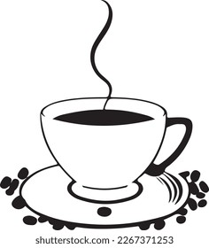 Minimalist Black and White Cup of Tea or Coffee with Steam Vector Illustration. This vector art depicts a black and white cup of tea or coffee with steam rising from it.