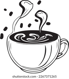 Minimalist Black and White Cup of Tea or Coffee with Steam Vector Illustration. This vector art depicts a black and white cup of tea or coffee with steam rising from it.