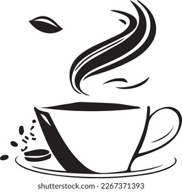 Minimalist Black and White Cup of Tea or Coffee with Steam Vector Illustration. This vector art depicts a black and white cup of tea or coffee with steam rising from it.