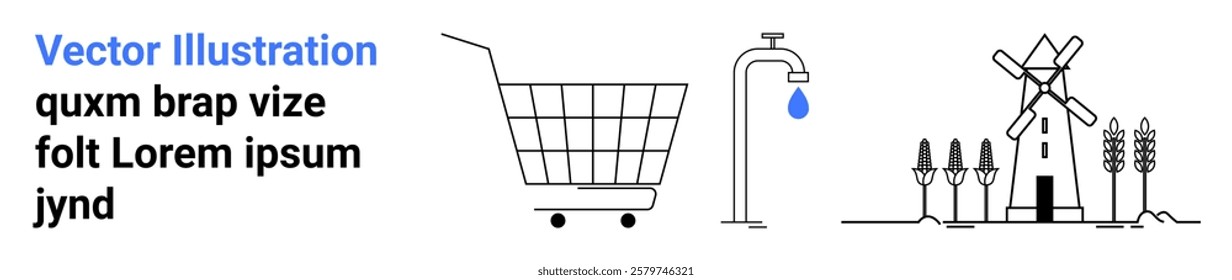 Minimalist black and white depiction of a shopping cart water faucet and windmill. Ideal for sustainability eco-friendly living water conservation and renewable energy. Banner for landing page