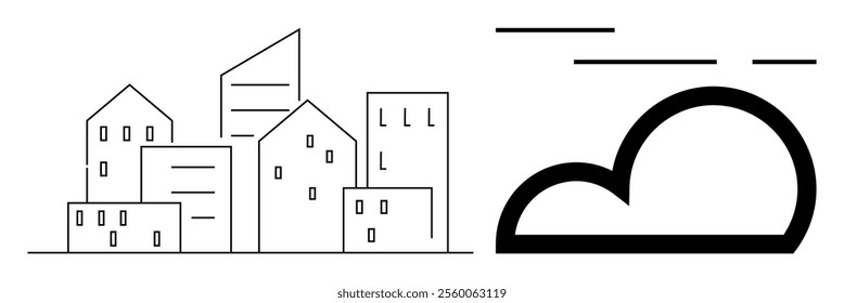 A minimalist black and white design displaying several geometric buildings alongside a stylized cloud with lines above it. Ideal for urban development, modern architecture, weather forecast