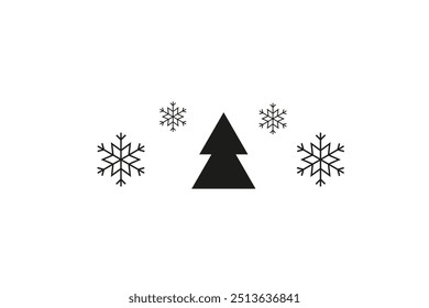 Minimalist black and white design featuring a simple triangular Christmas tree at the center, surrounded by symmetrical snowflakes. The clean layout emphasizes winter and holiday themes.