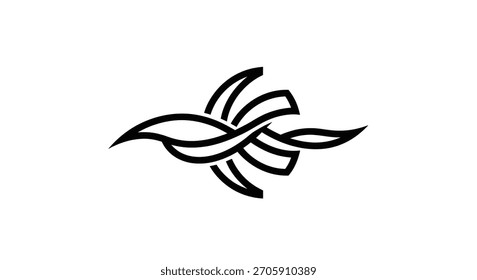 Un diseño minimalista en blanco y negro con líneas y Formas interconectadas, creando una sensación de movimiento y equilibrio.