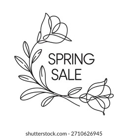 A minimalist black and white design featuring delicate floral line art framing the words "SPRING SALE" for a seasonal promotion.