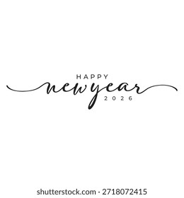 Un diseño minimalista en blanco y negro con una caligrafía elegante con el texto "FELIZ año nuevo 2026" sobre un fondo blanco puro, perfecto para celebraciones de la Nueva Nochevieja y decoraciones de fiesta.