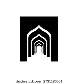 Um design minimalista em preto e branco com uma série de arcos islâmicos recuados criando um efeito de túnel.