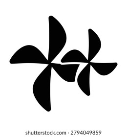 A minimalist black and white design featuring two stylized pinwheel shapes overlapping each other. This clean modern symbol is perfect for branding and icon projects.