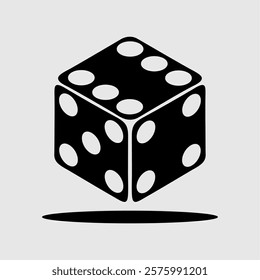 Minimalist black and white dice silhouette in an isometric perspective, floating with a shadow effect. A sleek vector illustration perfect for casino themes, board games,  and gambling