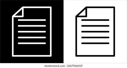 Minimalist black and white document icon, simple paper sheet illustration, flat line style, isolated on white background for business, office, and education use.