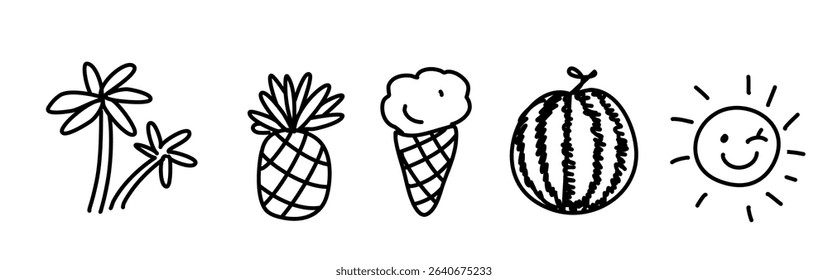 Minimalist black and white doodle art with palm trees, pineapple, ice cream cone, watermelon, and sun. Summer vibes and joyful elements perfect for playful designs.