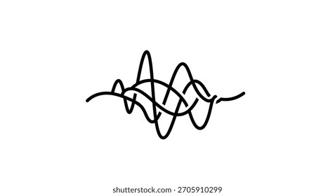 A minimalist black and white doodle of a complex, intertwined sound wave.