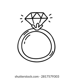 A minimalist black and white doodle of a diamond ring with sparkles around the gemstone on a plain background