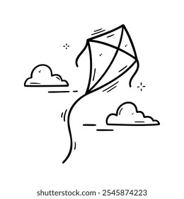 Minimalist black and white doodle of a kite flying among clouds. Perfect for children’s books, educational materials, or playful designs in digital and print media