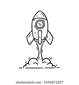 Minimalist black and white doodle of a rocket launching with smoke trails. Ideal for children's books, educational materials, or creative space themed designs in digital and print media