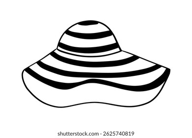 Minimalist black and white doodle of a stylish striped sun hat, isolated design element, line art, hand-drawn with clean lines. Perfect for summer-themed projects and minimalist branding materials.
