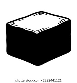Minimalist black and white drawing depicting a block of ice with detailed shading and contours.