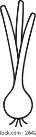 A minimalist black and white drawing depicts a spring onion with bulb, roots, and three green stalks.